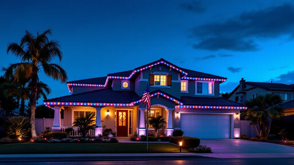 4th of July red white and blue lighting on a San Diego home