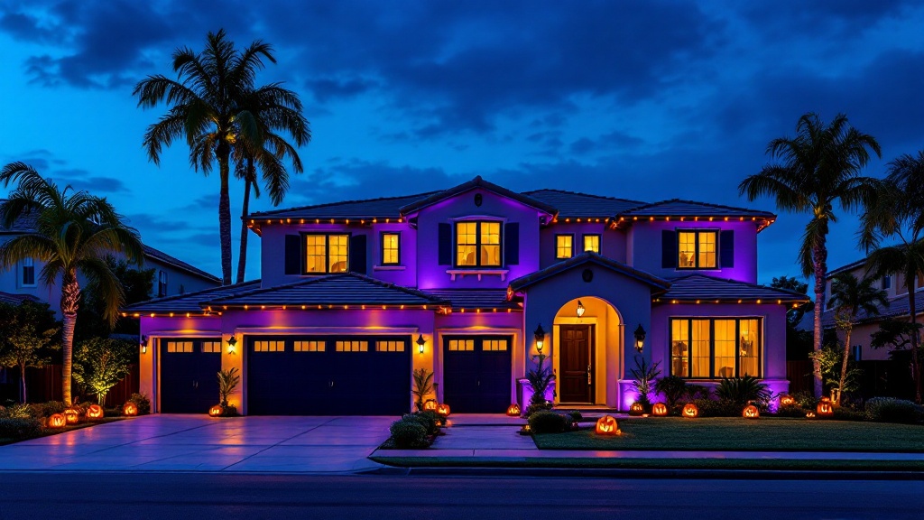 Halloween lighting with purple and orange glow on a San Diego home