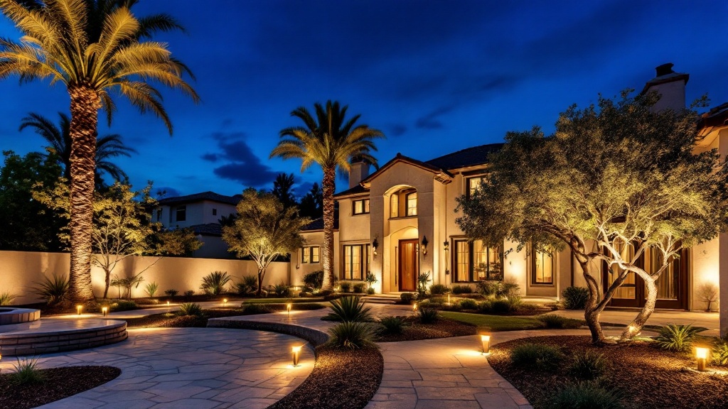 Landscape path and palm uplighting in a San Diego yard