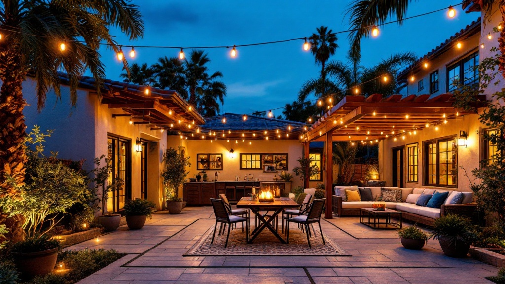 Bistro string lights over a San Diego backyard patio