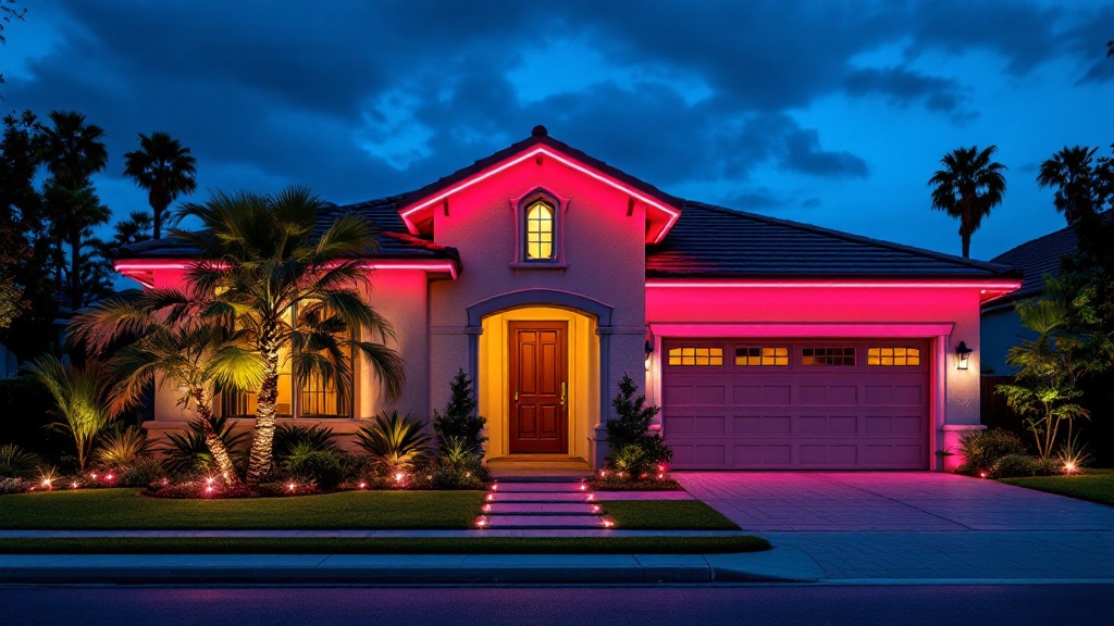 Valentine's Day red and pink lighting on a San Diego home